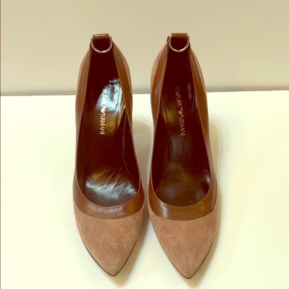 Emporio Armani lavender suede pumps. Leather trim